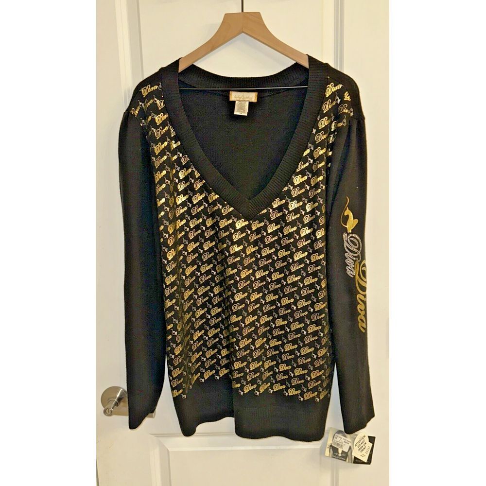 Baby Phat Women Size 2X Diva Spellout‎ V-Neck Embellished Sweater Black Gold Y2K